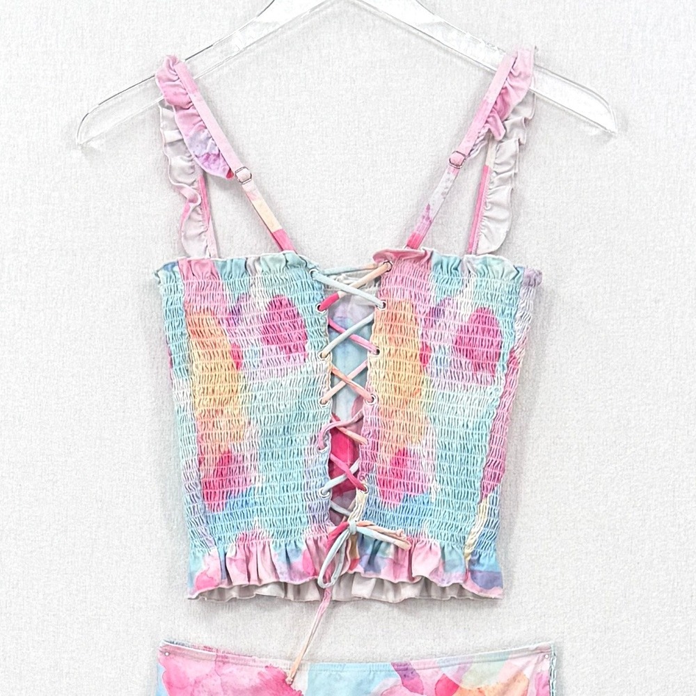 RAD SWIM Betsy Smocked Bikini Medium Pink Blue Watercolor High Waist Swimsuit - Picture 6 of 16